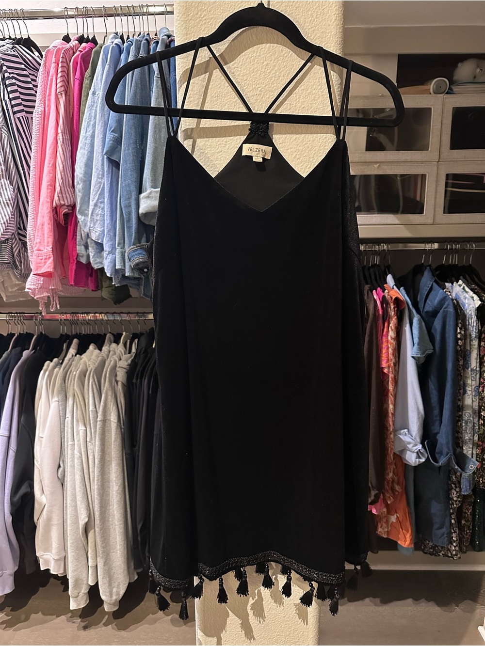 NWOT Velzera Black Velvet Tassel-Trim Mini Dress